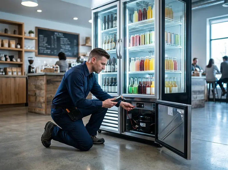 Technician inspecting a commercial glass-door beverage refrigerator in a café in Doha