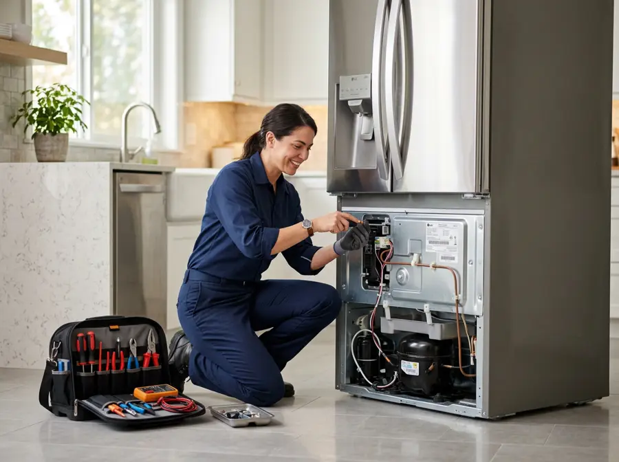 Fridge technician in Doha repairing the back panel and compressor area of a stainless steel refrigerator in a home kitchen